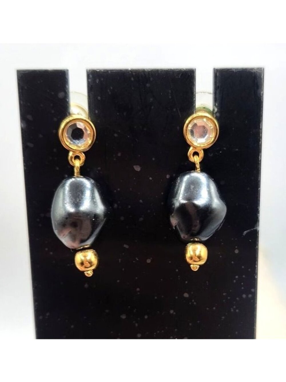 Black Tumbled Bead With Rhine Stone Accent Dangle Earrings